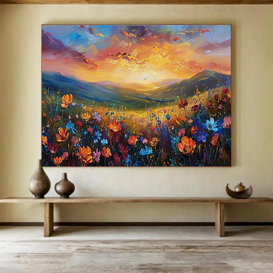 “Sunset Wildflower Valley” - Vibrant Landscape Painting On Canvas DKH837
