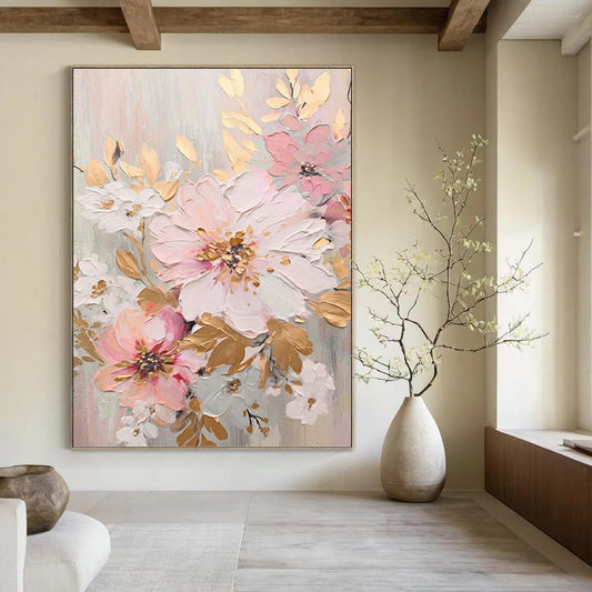 Pink, Gold and White Floral Elegance - Impasto Flower Painting On Canvas DKH1390