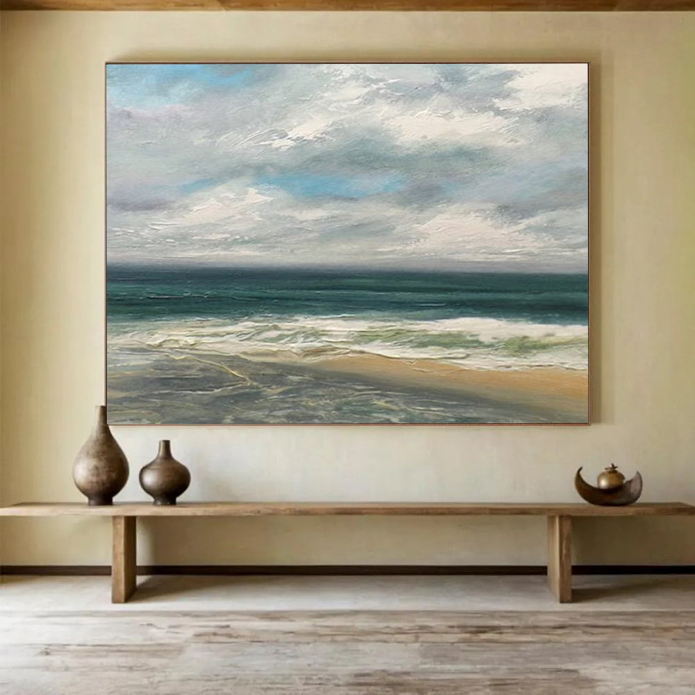 “Blue, Green, Cloudy Seaside ‘Serene Coastal Day’” - Impressionist Seascape Painting On Canvas DLZ021