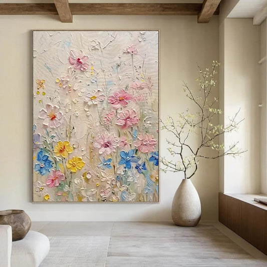 “Textured Colorful Wildflowers” - Multicolor Impasto Floral Painting On Canvas DKH1000