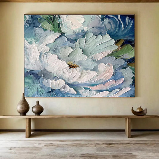 Textured Blue Peony Blooms Painting On Canvas DKH675