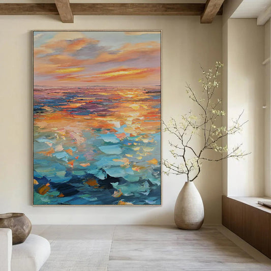 “Colorful Sea Sunset” - Orange, Pink & Blue Seaside Landscape Painting On Canvas CT2204