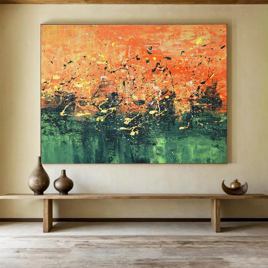 Orange and Green Abstract “Vibrant Nature Explosion” Painting On Canvas DKH155