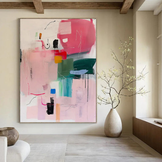 “Pink - Dominant Abstract Composition” - Pink, Green, Blue & Yellow Modernist Painting On Canvas DKH0998