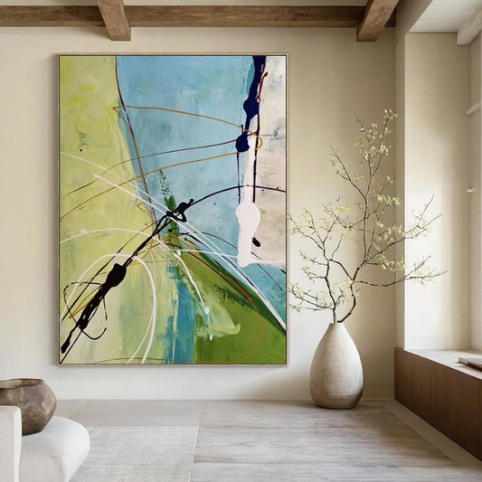Green, Blue, White & Brown Linear Interplay - Abstract Painting On Canvas CT2307
