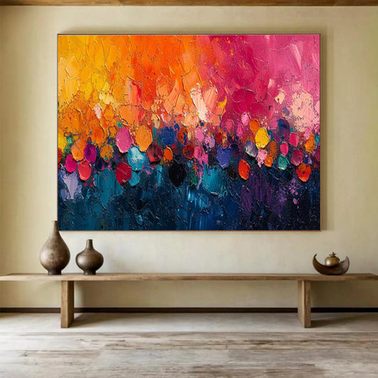 “Colorful Dusk Carnival” - Orange, Pink, Blue Abstract Impasto Painting On Canvas DKH710
