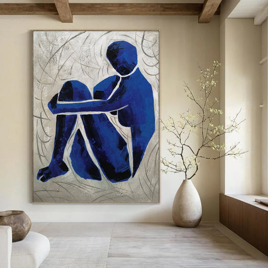 “Contemplative Blue” - Blue and Gray Abstract Figure Painting On Canvas DKH1569