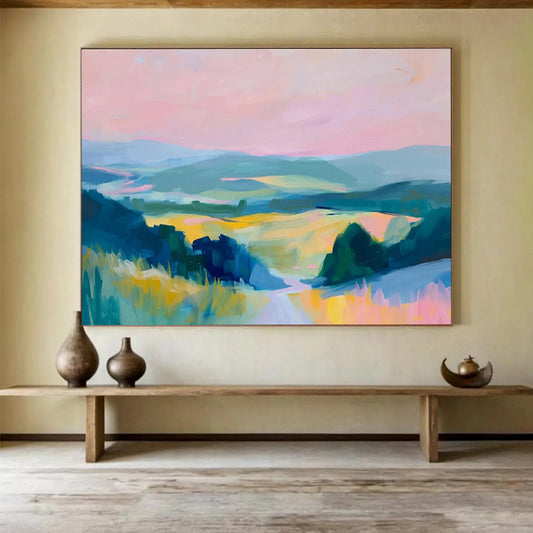 Vibrant Valley Vista Pink Blue Green Landscape Painting On Canvas DKH210