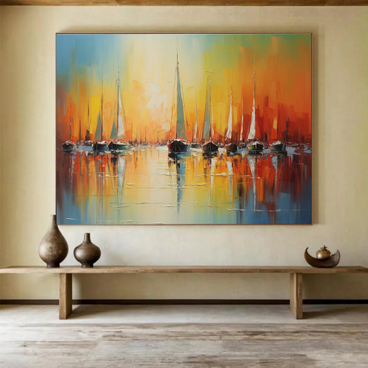 “Sunset Harbor - Vibrant Orange & Blue Sailboats Painting On Canvas” DKH864