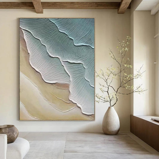 “Green, Beige Textured Layers ‘Earth’s Rhythm’” - Impasto Abstract Landscape Painting On Canvas DTP342