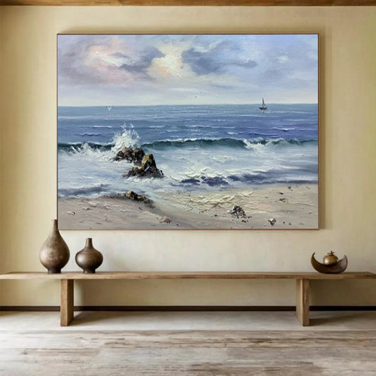 Seascape with Waves and Sailboat - Realist Seascape Painting On Canvas DLZ190