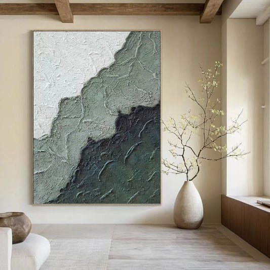 “Textured Green & Gray Mountains” - Green, Gray & Black Textured Abstract Landscape Painting On Canvas DKH1212