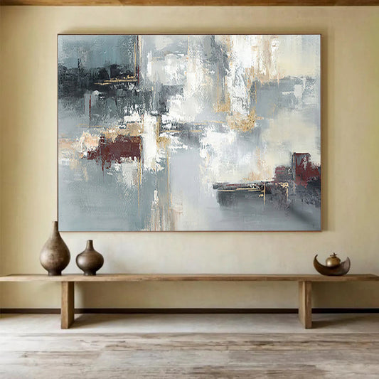 “Gray, Gold & Red Abstract Fusion” Abstract Expressionist Painting On Canvas DKH352