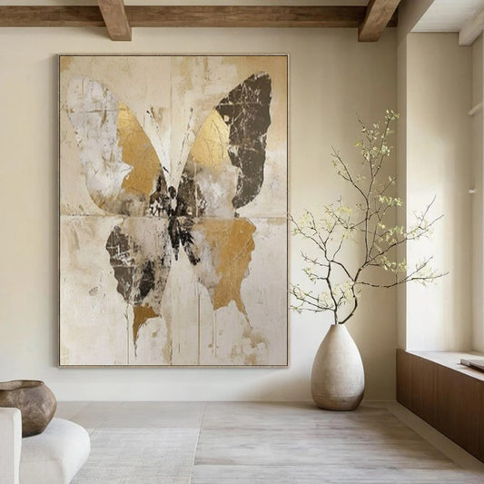 “Vintage Gold Butterfly” - Gold, Gray & Brown Butterfly Painting On Canvas CT2206