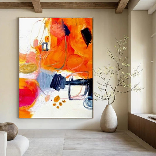 “Orange - Abstract Energy” - Orange, Pink, Blue Dynamic Shapes Painting On Canvas DTP272