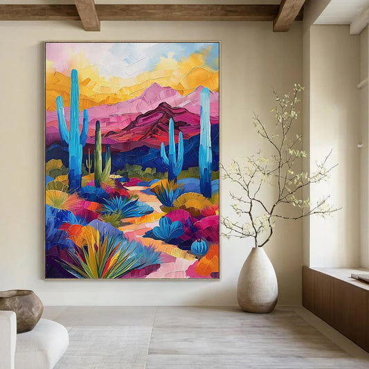 “Desert Vividness” - Colorful Desert Landscape with Cacti Painting On Canvas DKH1556