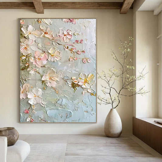 Light Blue and Pink Floral Blossom - Textured Flower Painting On Canvas DKH1392