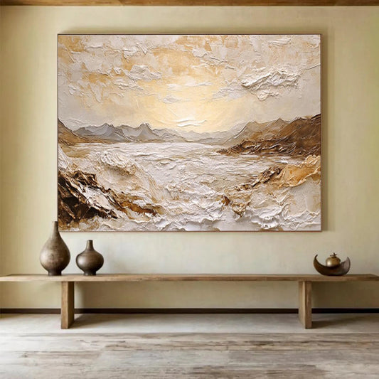 “Textured Golden Sea & Mountains” Impasto Scenic Painting On Canvas DKH460