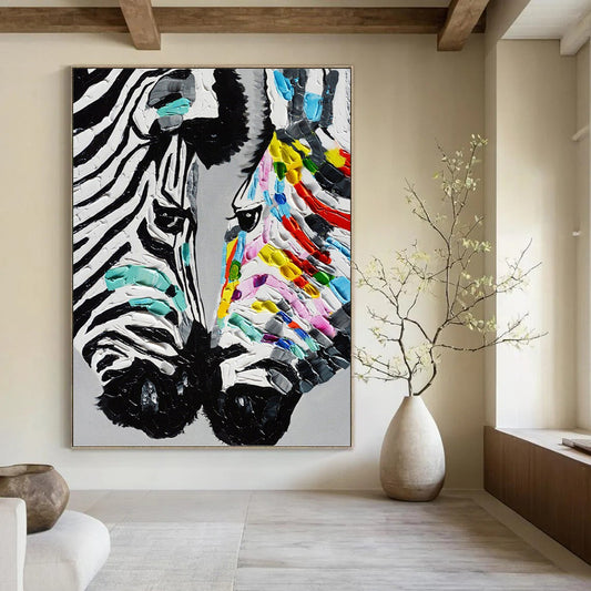 “Colorful Stripes” - Black, White & Colorful Textured Zebra Painting On Canvas DKH1545
