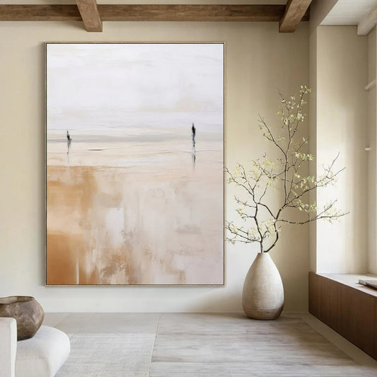 Two Figures on Beige Horizon - Minimalist Abstract Oil On Canvas CT1313