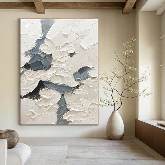 “Textured Sky Paths” - White & Gray Impasto Painting On Canvas DKH1160