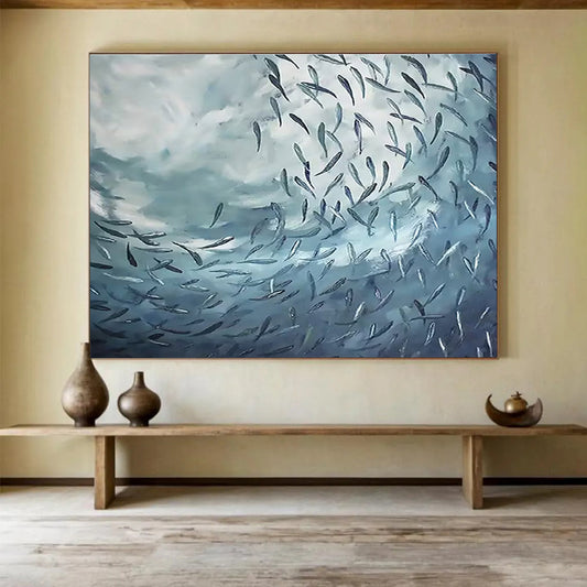 “School of Fish in Blue Depths” - Expressive Marine Painting On Canvas DKH792