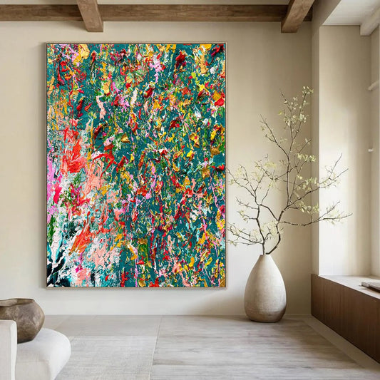 Vivid Color Splash on Teal - Abstract Expressionist Painting CT1220