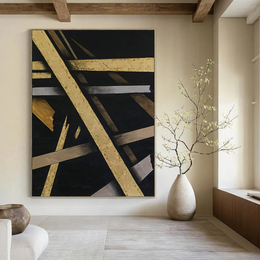 “Gilded Geometric Abstract - Gold, Silver, and Black” Painting On Canvas CT2388