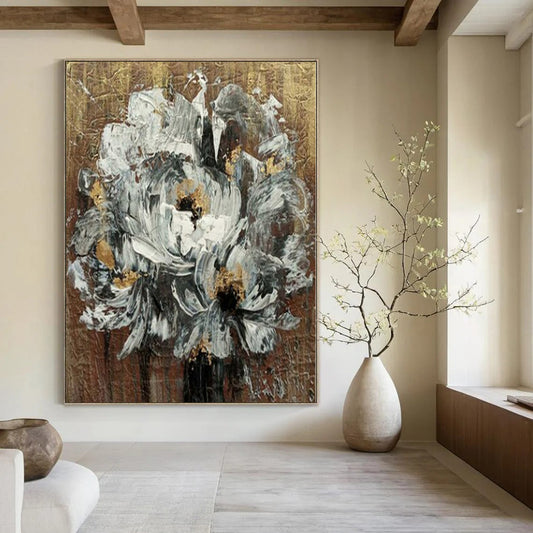 “Textured Floral in Gold - Brown” – Impasto Flower Painting CT1194
