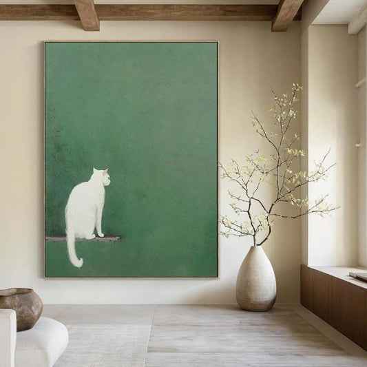 “White Cat on Green” - Minimalist Animal Art CT1937