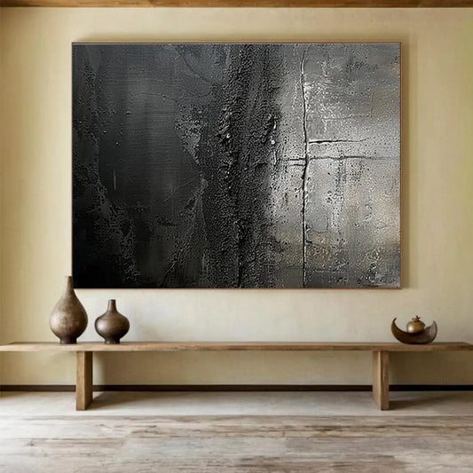 Dark Gray Textured Abstract “Moody Textured Depths” Painting On Canvas DKH150