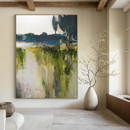 “Abstract Landscape in Greens and Blues” - Impressionistic Oil Art CT1925