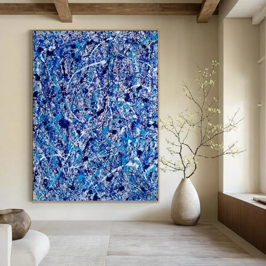 “Chaotic Blue Web” - Blue, White, and Black Abstract Drip Painting On Canvas DKH1560