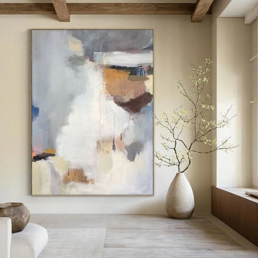“Soft - Hued Abstract Fusion” - Gray, White & Brown Textured Painting On Canvas DKH0956