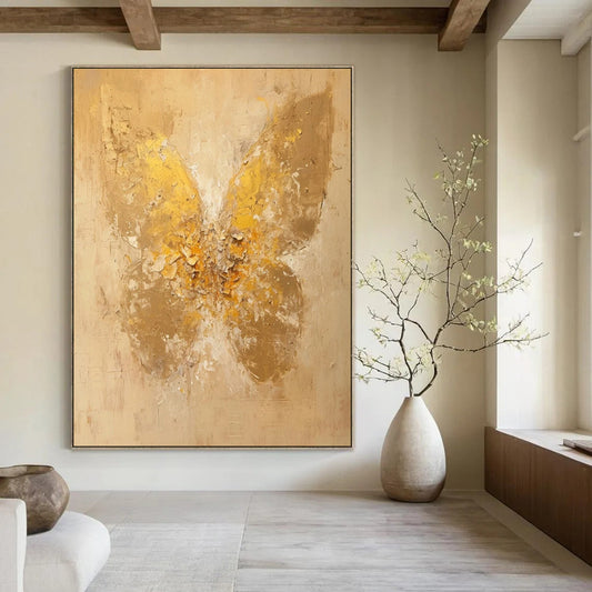 “Textured Gold Butterfly: Abstract Nature Art” - Mixed - Media Impasto on Canvas CT1899