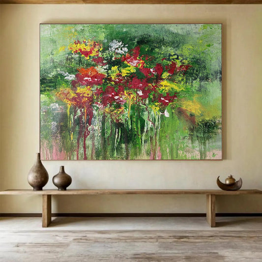 “Impressionistic Floral Burst - Vivid Reds, Yellows, and Greens” Painting On Canvas DKH014