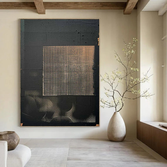 “Black - Gold Grid Abstract” - Black, Gold, Gray Minimalist Abstract Painting On Canvas DTP306