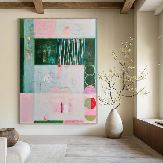Pink, Green, Geometric Forms - "Soft Structure" - Abstract Geometric Painting CT1852