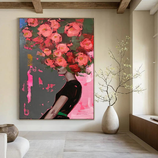 “Pink Flowers on Gray - Pink” - Pop - Surrealist Portrait Art CT1952