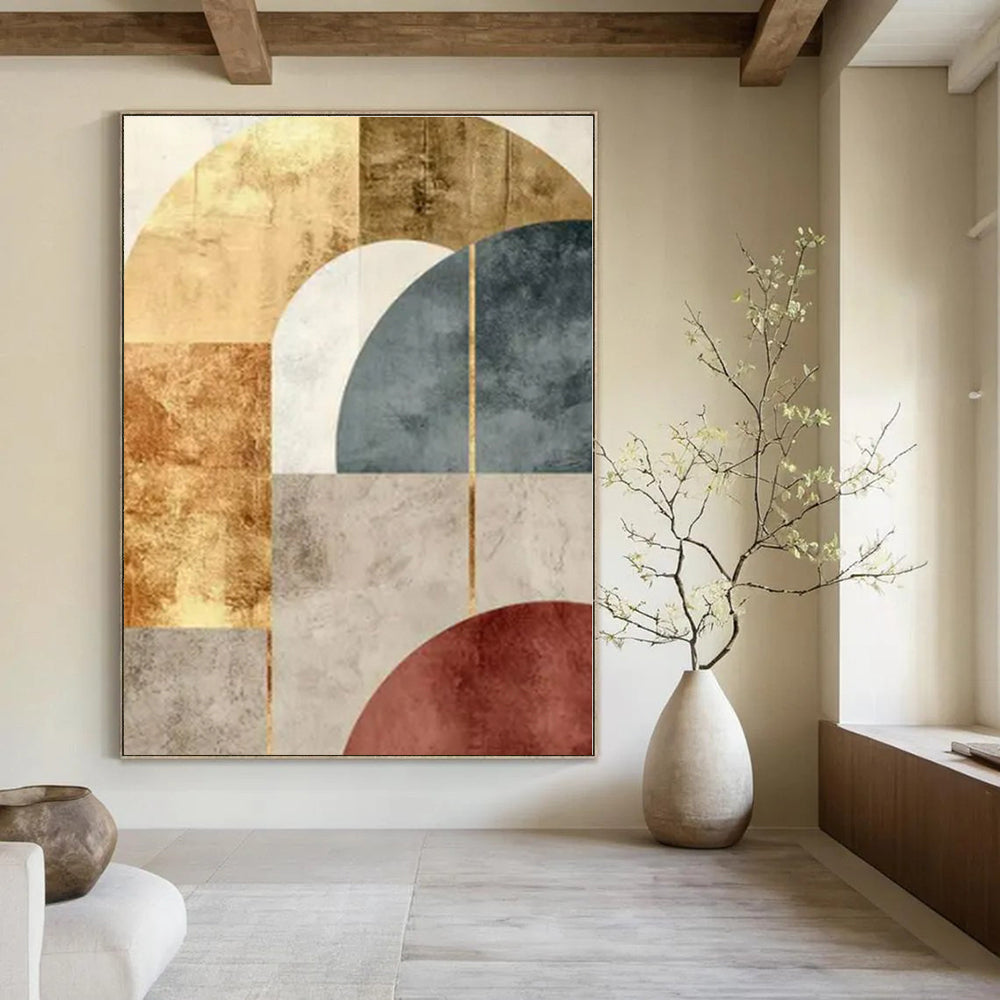 Geometric Arches: Gold, Blue & Rust - Abstract Minimalist Print CT1246