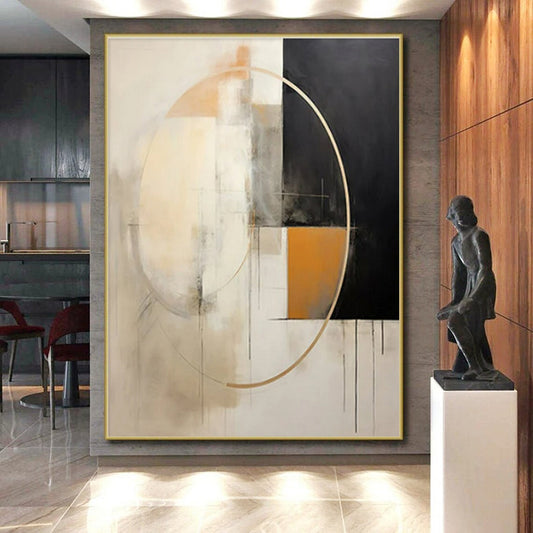 “Beige - Black - Gold Abstract Circles” ,Abstract Acrylic Painting CT0820
