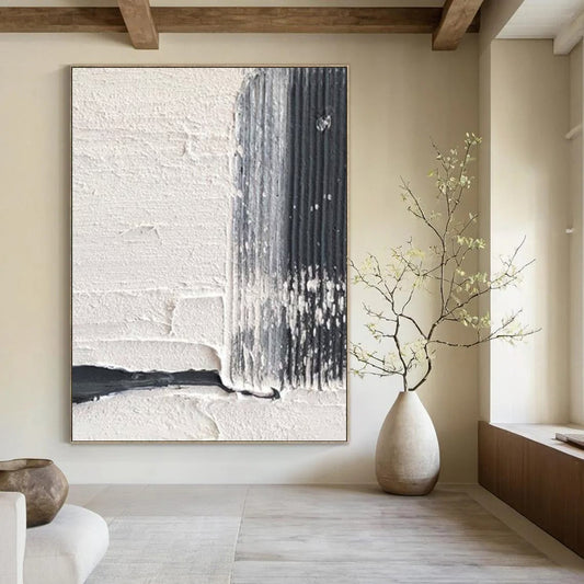 “Black, White, Gray Textured Stripes ‘Industrial Rhythm’” - Impasto Abstract Painting On Canvas DTP366