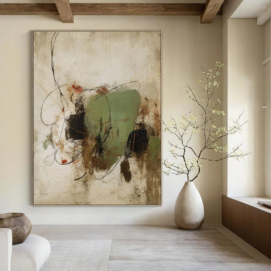 Neutral, Green, Black & Red Abstract Forms - "Organic Chaos" - Abstract Mixed - media Painting CT1462