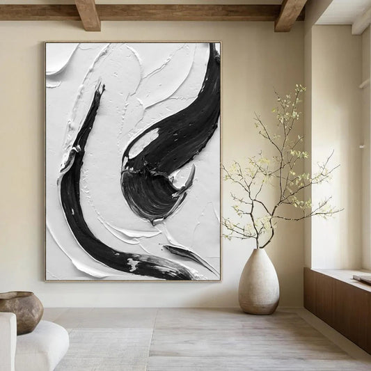 “Black, White Textured Swirls ‘Dynamic Balance’” - Impasto Abstract Painting On Canvas DTP377