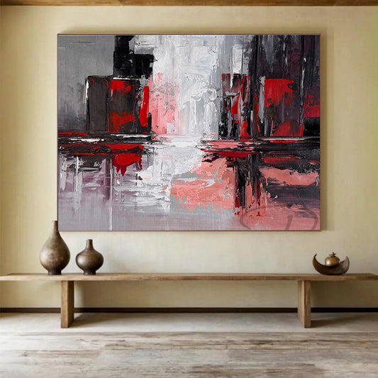 Red and Gray Urban Reflections Cityscape Inspired Abstract Painting On Canvas DKH263