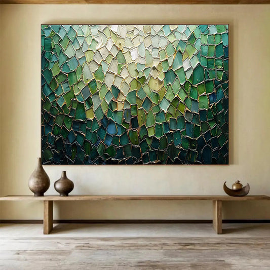 “Green Mosaic Glass” - Green, Blue, Gold Mosaic Artwork On Canvas DKH759