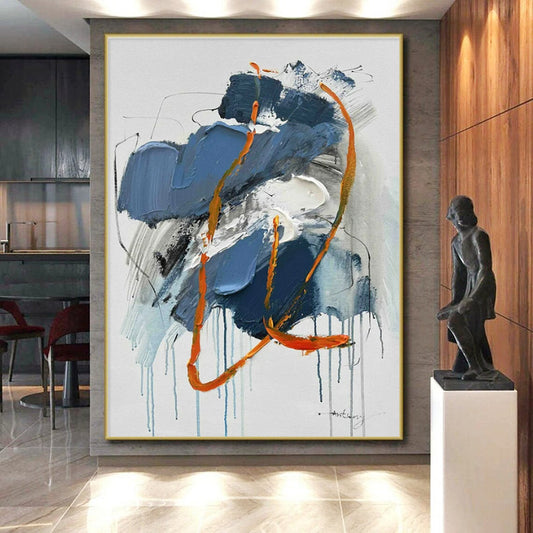 “Blue - Orange - White Dynamic Drips” ,Abstract Acrylic Painting CT0807