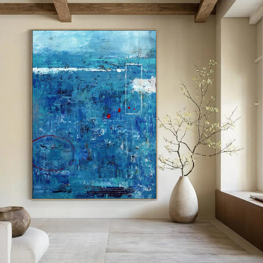 “Oceanic Abstract - Blues, Reds, and Textured Layers” Painting On Canvas CT2389