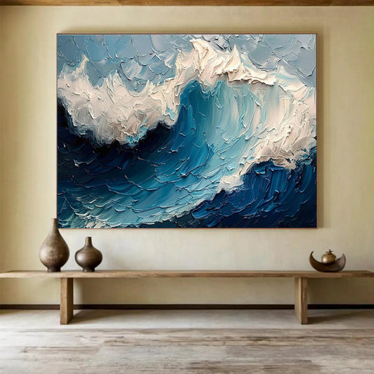 “Textured Ocean Wave” - Blue, White Impasto Seascape Painting On Canvas DKH766