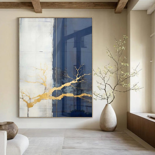 “Gold Branch on Neutral” – Mixed - Media Abstract Art CT1049